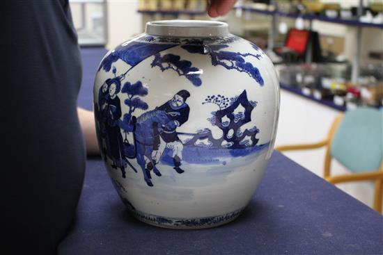 A large Chinese blue and white jar, Kangxi mark, 19th century, the wood cover inset with a jade plaque height 34cm